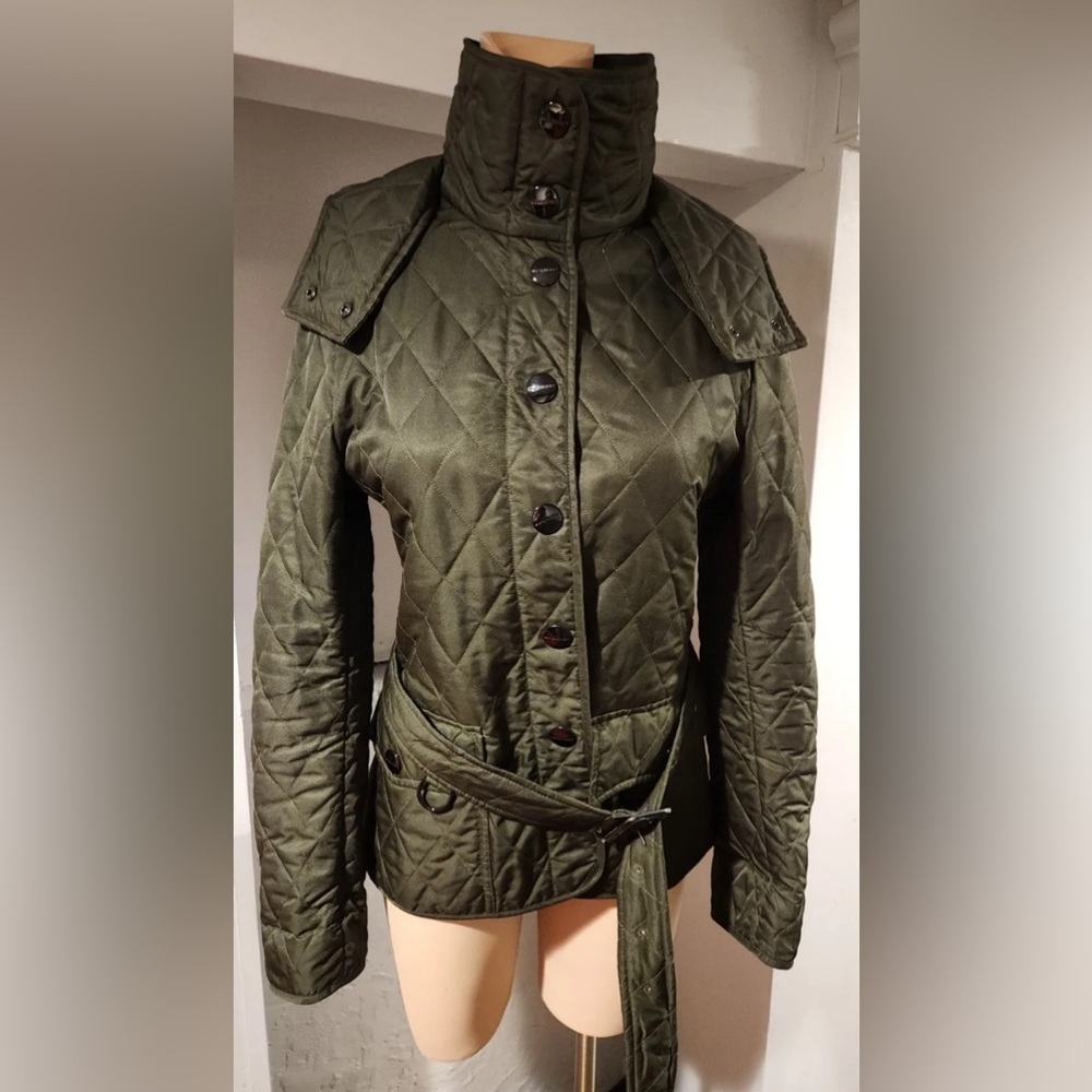 Burberry London Nova Check Finsbridge Belted Quilted Hoode Jacket, Green, size S